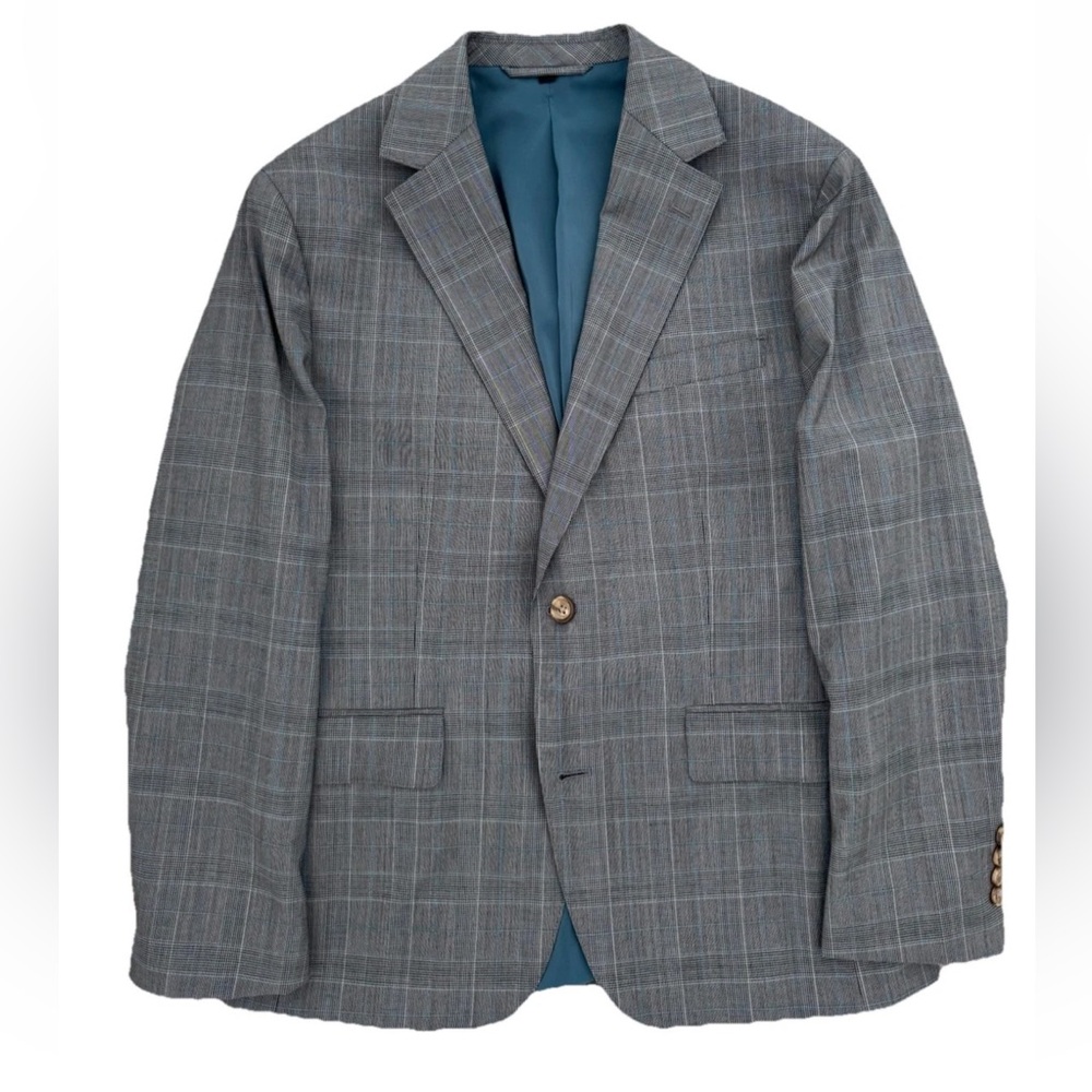 Bonobos Gray Windowpane Glen Plaid Marzotto Italian Stretch Wool 38S Slim Fit